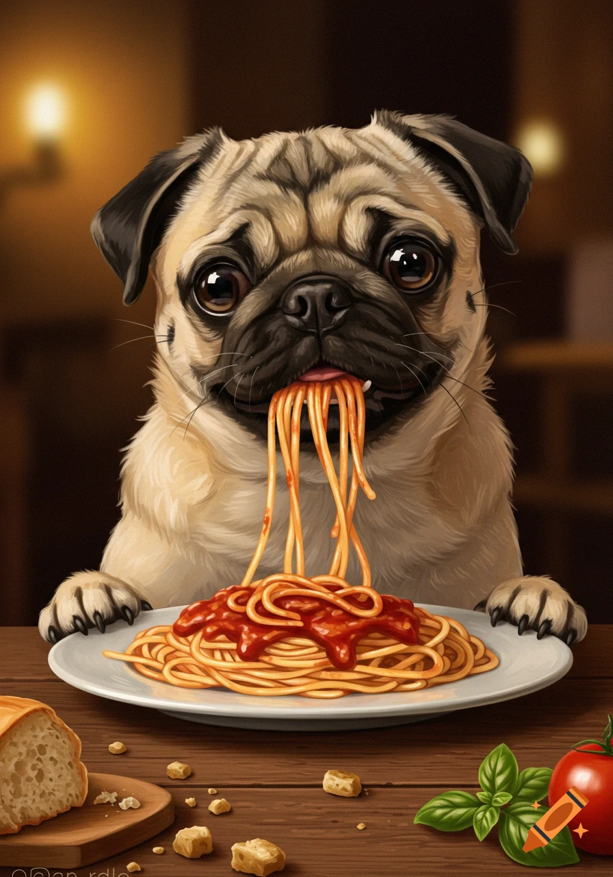 A cute pug dog with wide eyes eats spaghetti from a white plate on a wooden table, in a detailed digital painting.