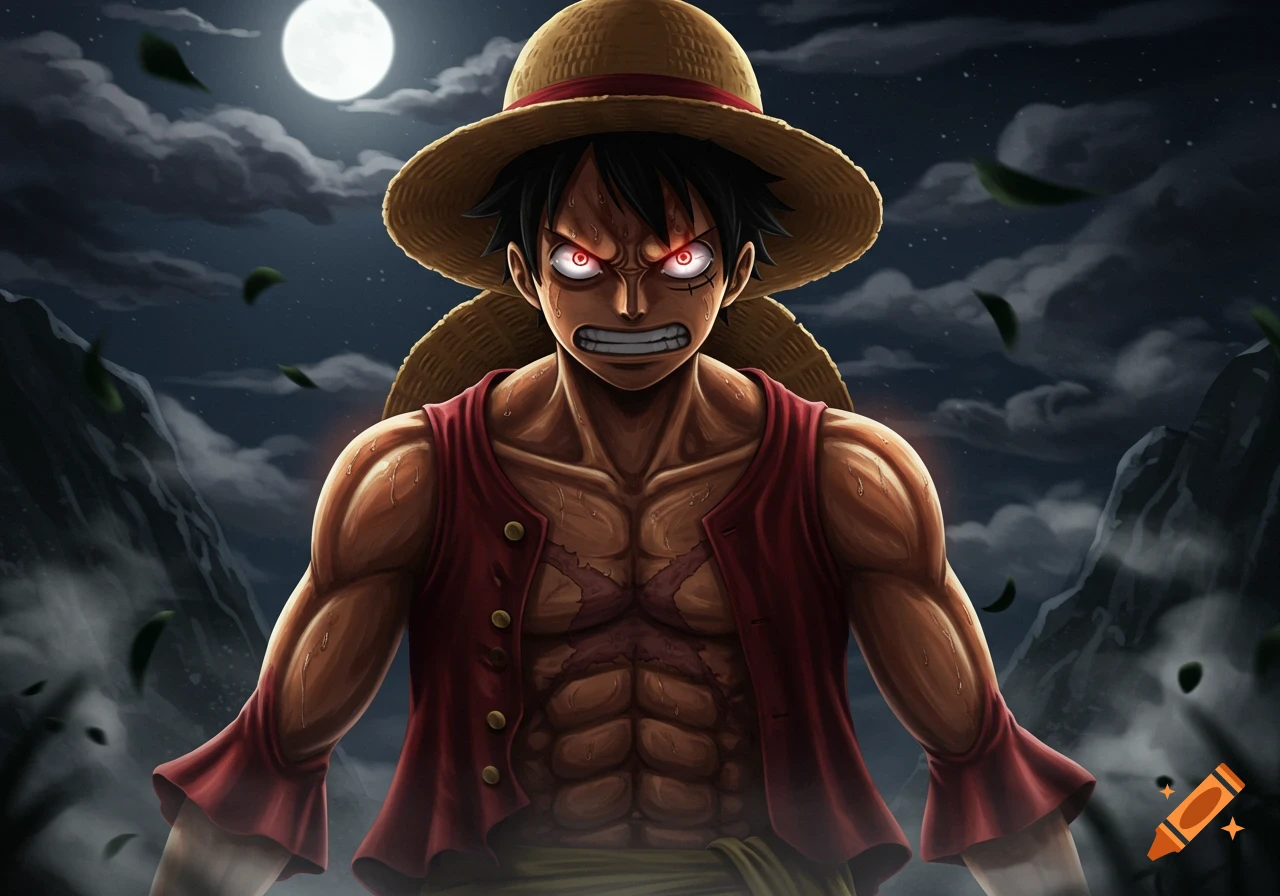 An angry anime character, Luffy, with glowing red eyes, stands intensely under a full moon with stormy clouds.