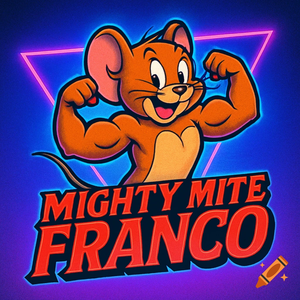 Jerry the mouse flexing his muscles in an 80s style logo with neon triangle and 'Mighty Mite Franco' text.