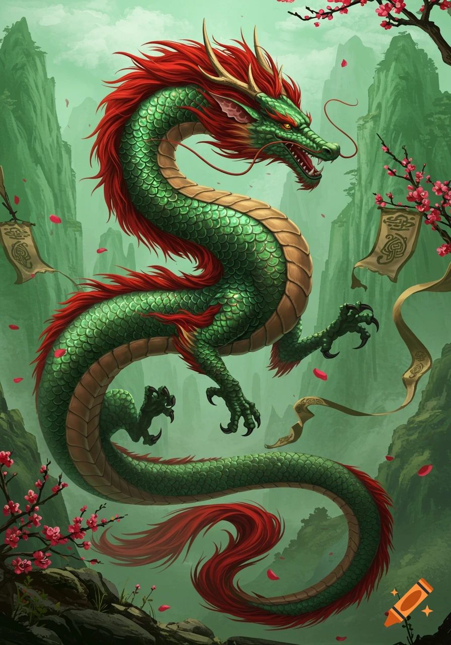 A vibrant green and red Chinese-style dragon with gold scales soars through a misty mountain landscape with cherry blossom trees.