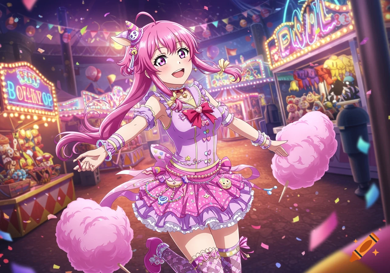 Pink-haired anime girl in a purple dress, smiling and holding cotton candy at a vibrant carnival.