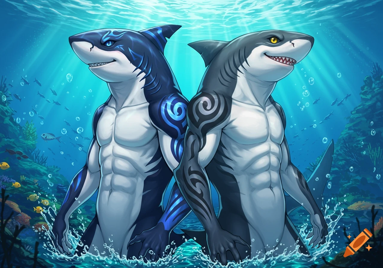 Two muscular, anthropomorphic sharks, one blue and one gray, with tribal tattoos, stand back-to-back underwater in an anime style.