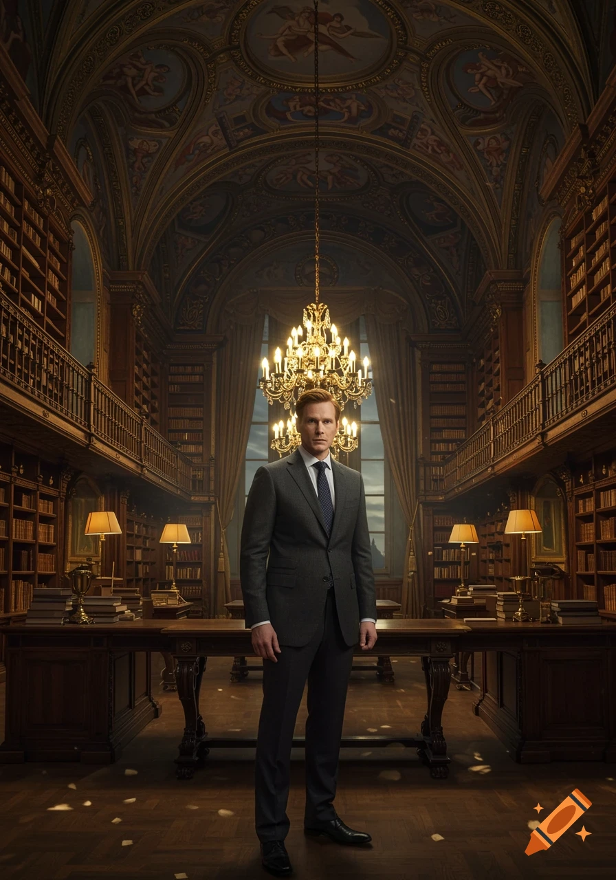 A man in a dark suit stands centrally in a grand, ornate library with towering bookshelves, chandeliers, and high ceilings. Photorealistic style.