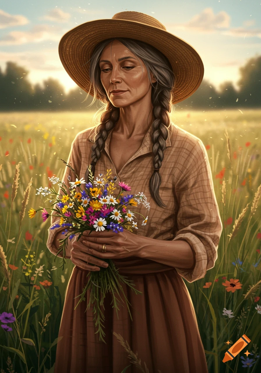A realistic portrait of an older woman with braided gray hair and a straw hat, holding a colorful bouquet of wildflowers in a sunny field.