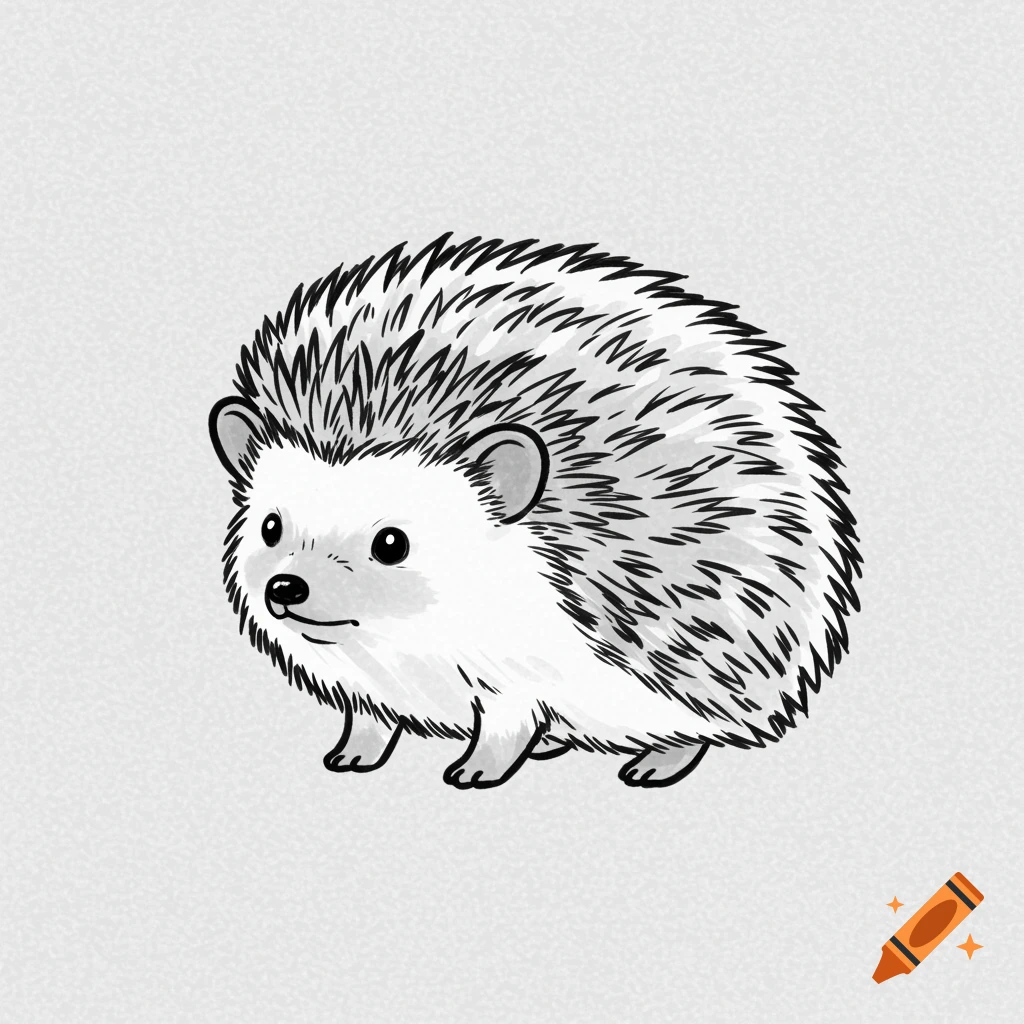 A black and white outline illustration of a cute hedgehog.