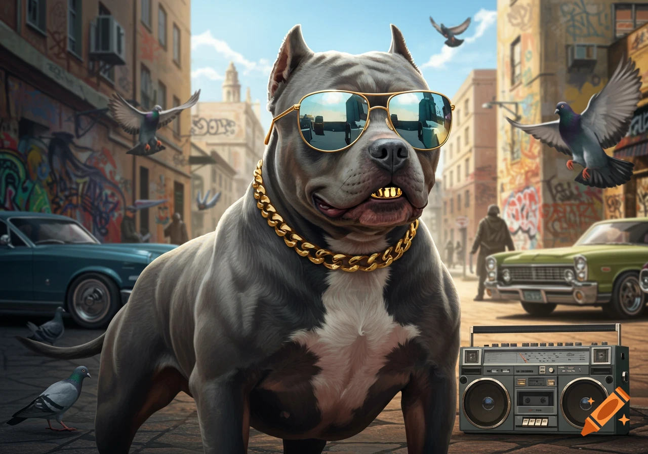 A grey pitbull wearing gold sunglasses and a gold tooth stands on a city street with graffiti and cars.