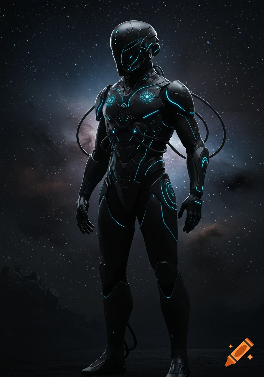 A sleek, dark futuristic space knight in armor with glowing blue accents stands against a starry nebula background.