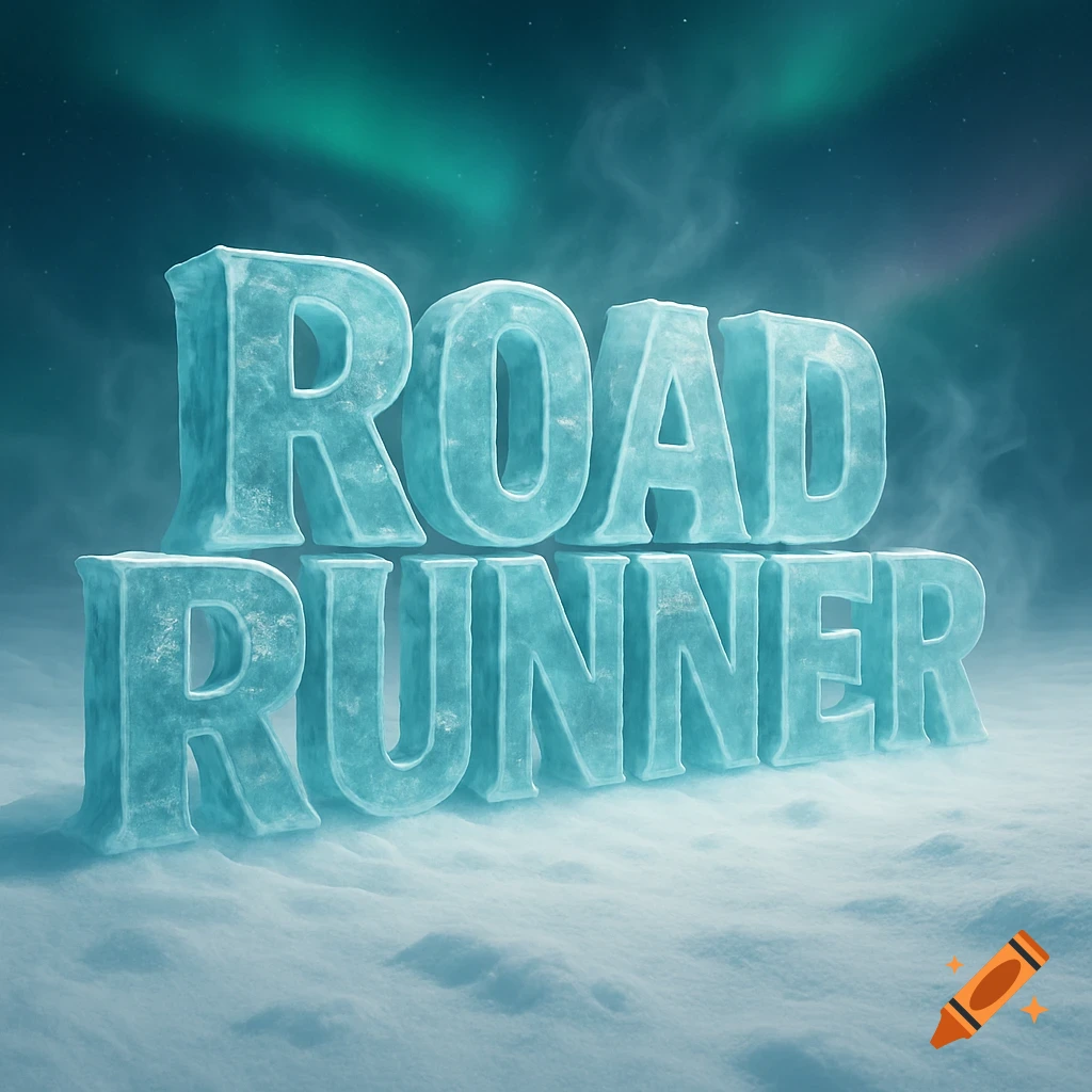 The words "ROAD RUNNER" sculpted from ice, sitting on a snowy ground under a night sky with aurora borealis.