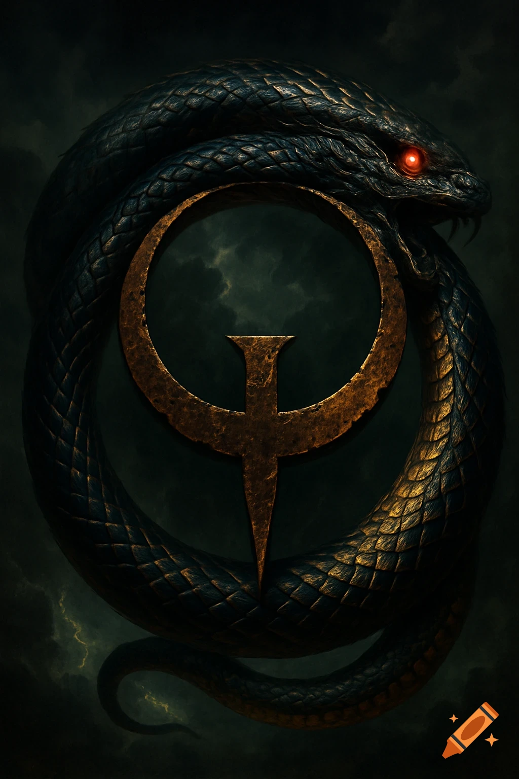 Dark, detailed image of a black snake with golden scales, forming an ouroboros around a gold Quake logo with red glowing eyes.