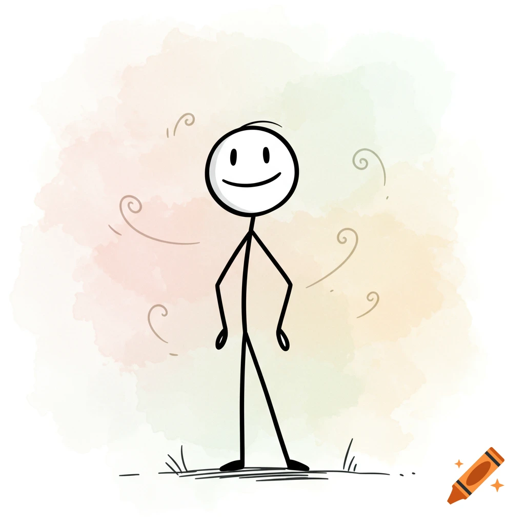 A smiling stick figure with a simple body and a round head, standing on a line with grass. The background is a soft watercolor wash with swirling lines.