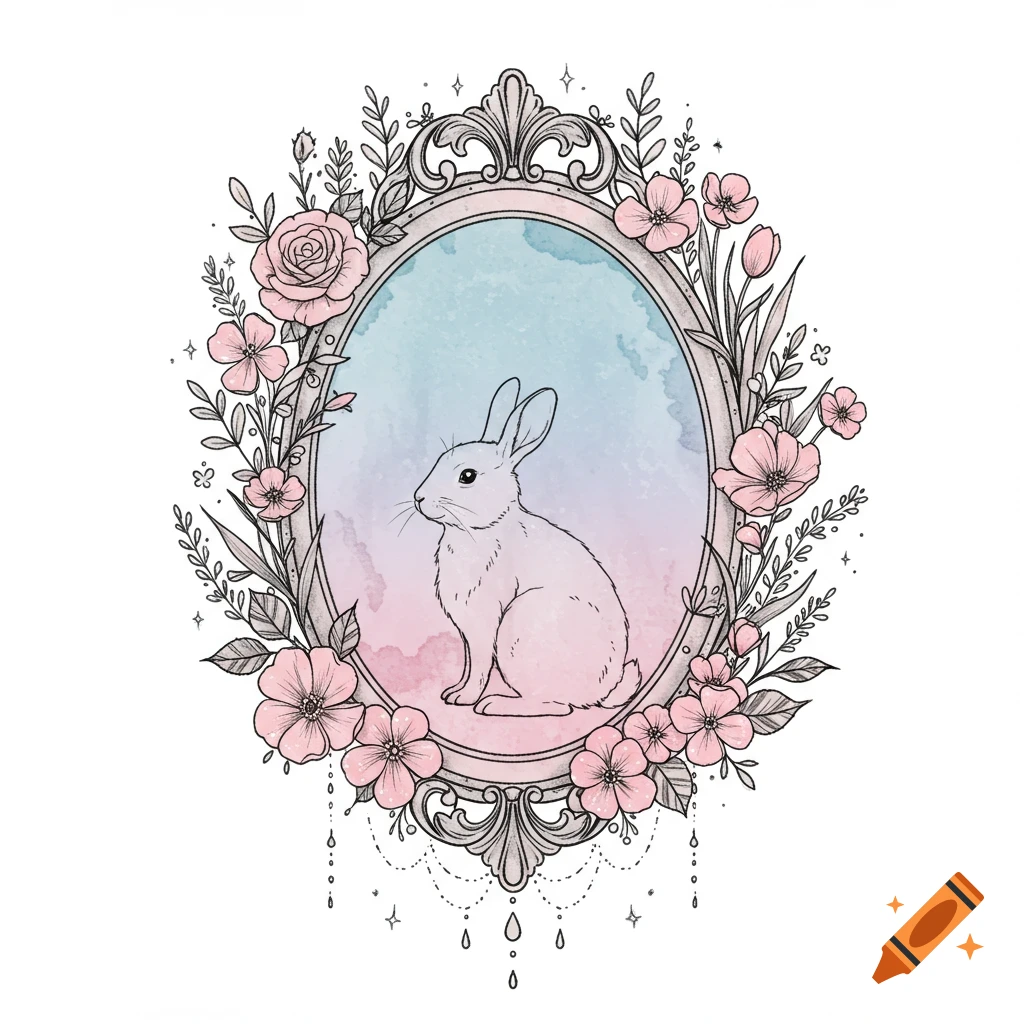 A delicate bunny in an ornate floral frame with a soft watercolor background.