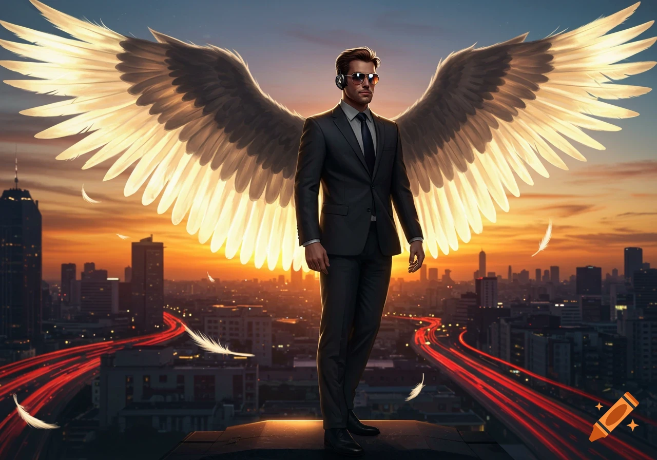 An angelic man in a suit and sunglasses with large, glowing white wings stands atop a building overlooking a city at sunset with red light trails from traffic.