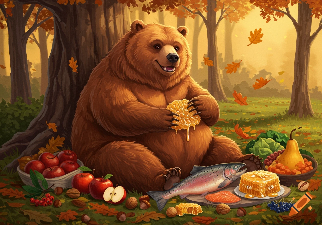 A happy cartoon bear sits in an autumn forest, holding honeycomb and surrounded by fish, apples, and nuts.