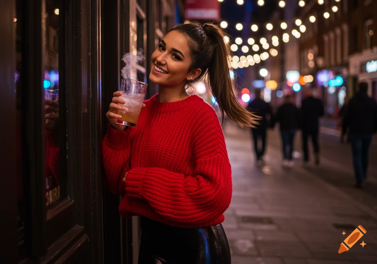 A smiling young woman in a red sweater and black leggings holds a drink on a city street at night, with blurred lights in the background. Photorealistic.