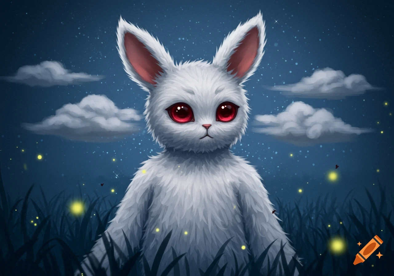 A white furry creature with large red eyes and bunny ears sits in a field at night under a starry sky with fireflies and clouds, in an illustration style.