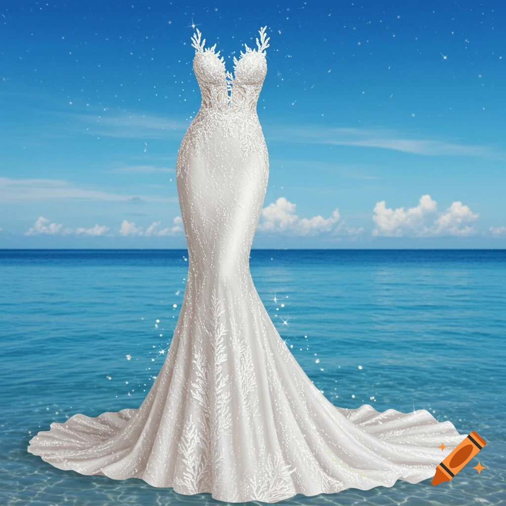 A white mermaid silhouette pageant dress with intricate details floats in clear blue ocean water under a bright sky.