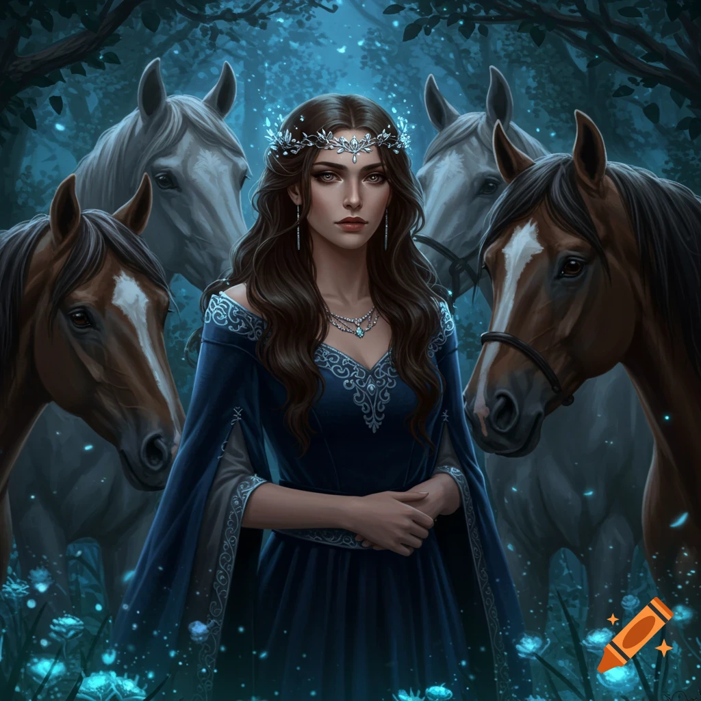 A fantasy queen with dark hair and a blue dress stands among four horses in a mystical forest with glowing plants.