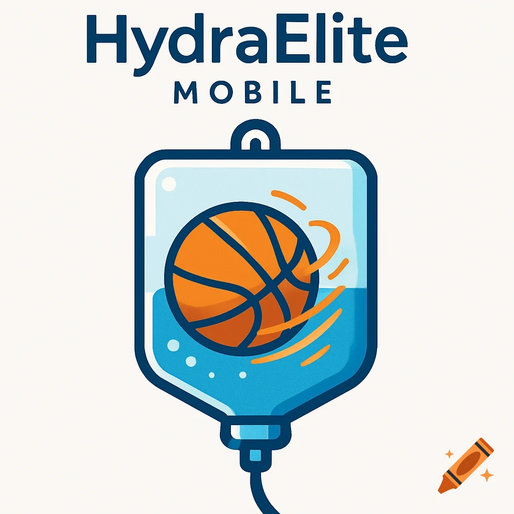 Stylized illustration of an IV bag containing a basketball, with 'HydraElite MOBILE' text above.