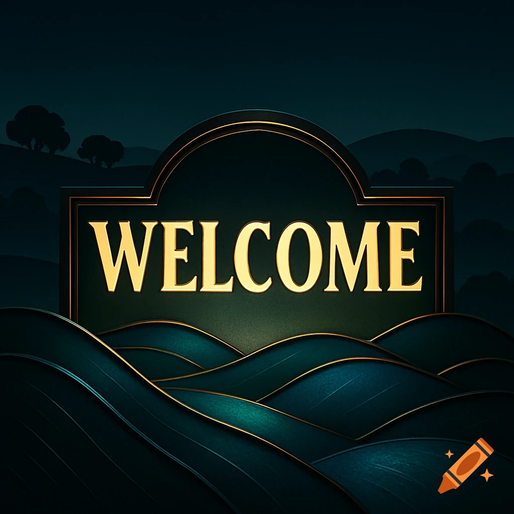 A golden 'WELCOME' sign with backlighting, set against a dark teal, wavy landscape of silhouetted hills and trees at night.