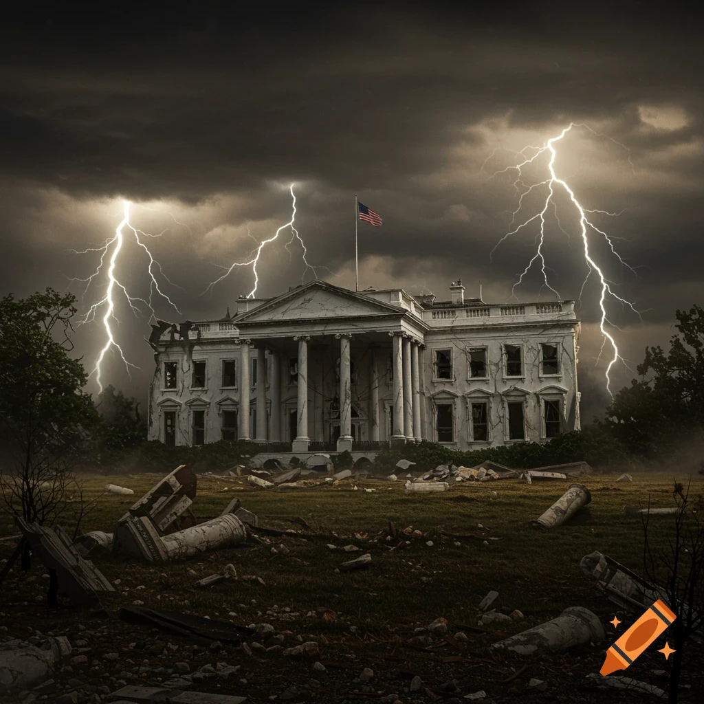 Photorealistic image of the ruined White House under a dark, stormy sky with lightning striking around it.