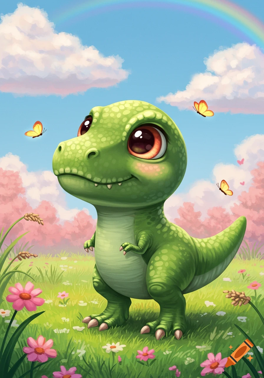 A cute green cartoon T-Rex dinosaur smiles in a vibrant spring meadow with pink flowers, butterflies, and a rainbow.