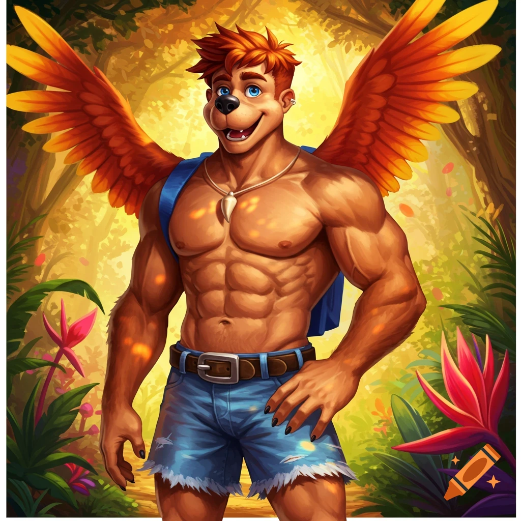 Muscular anthropomorphic bear-man with red hair and orange wings, wearing blue shorts, standing in a vibrant forest.