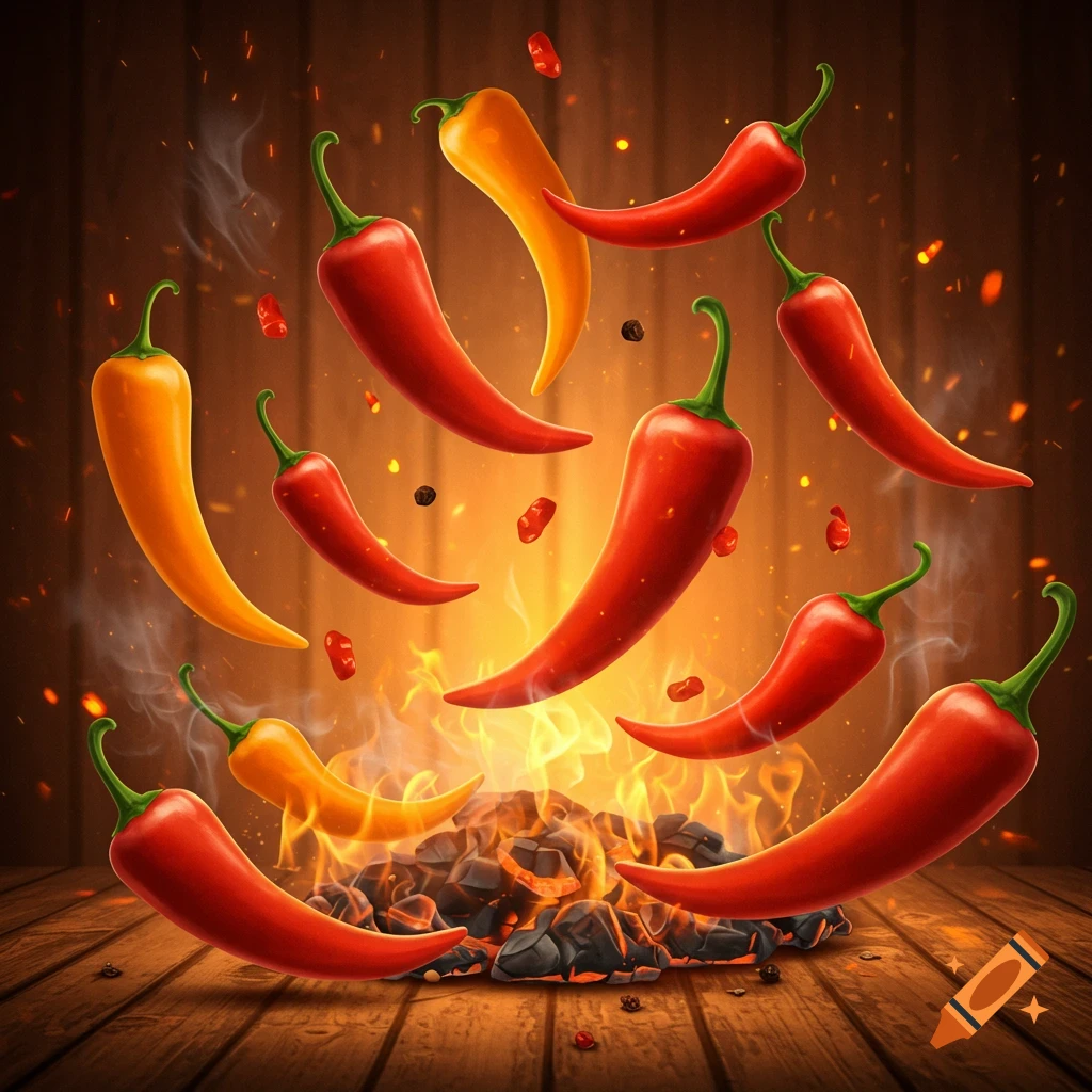 Red and yellow chili peppers float above burning coals on a wooden surface, surrounded by sparks and smoke.