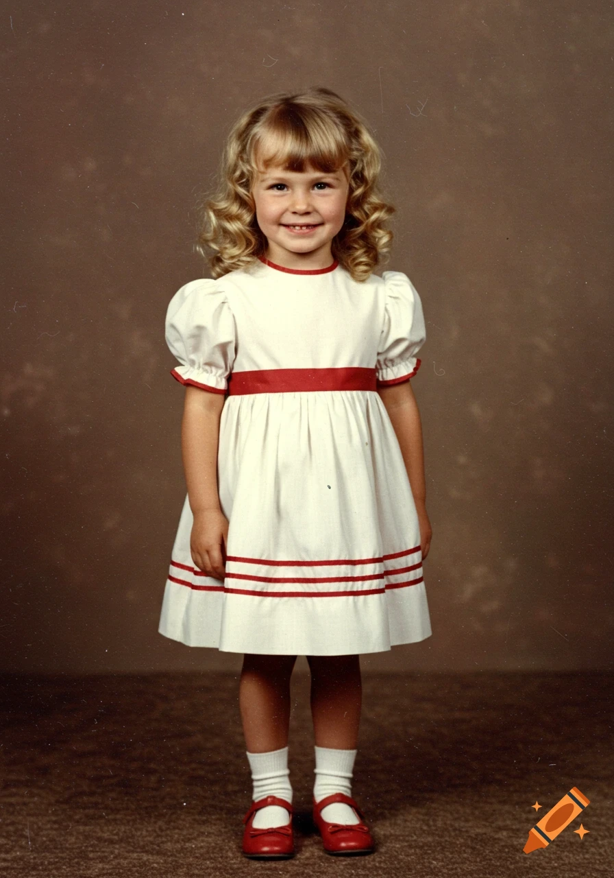 A young girl with blonde curly hair and bangs smiles, wearing a white dress with red trim and red Mary Jane shoes, in a 1970s style portrait.