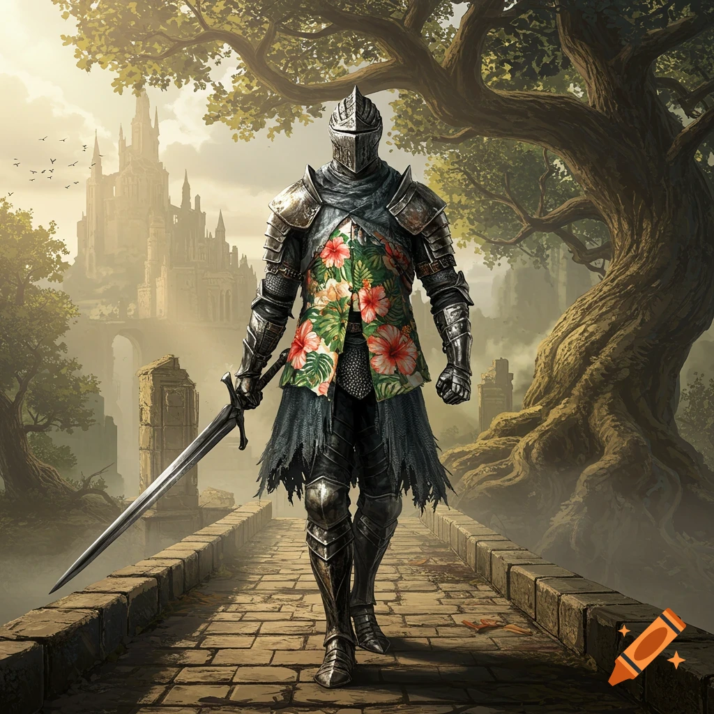 A knight in full armor and a Hawaiian shirt walks on a stone bridge towards a distant castle, under a large tree.