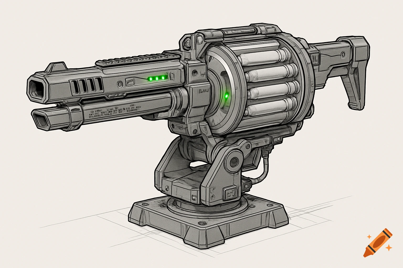 A detailed line art illustration of a futuristic gray rotary magazine shotgun mounted on a weapon station, with green glowing LEDs.