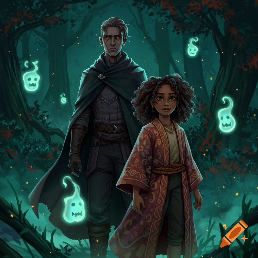 Illustrated fantasy art of a man in a dark cloak and a girl in a patterned robe in a mystical forest with glowing spirits.