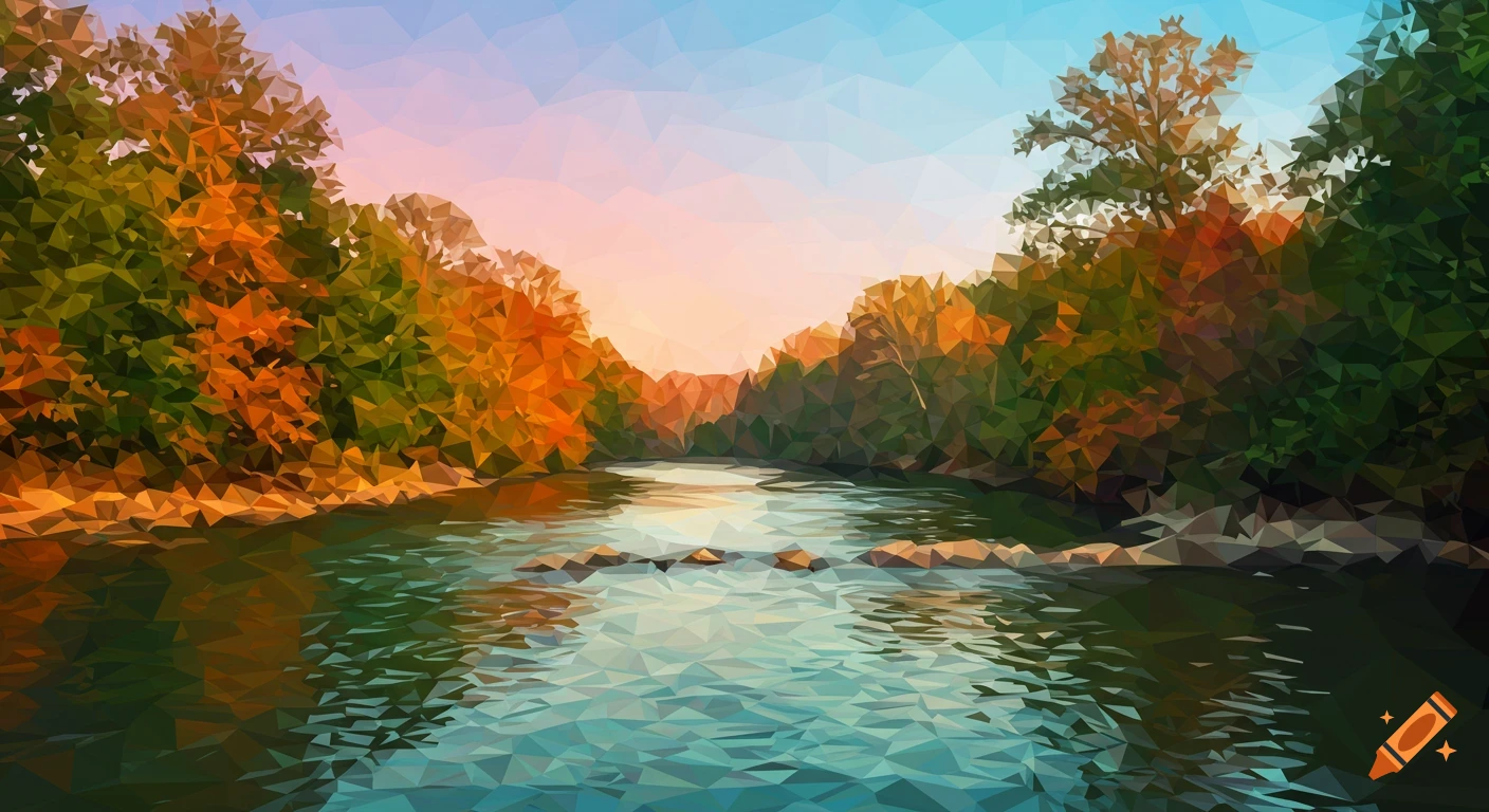 A river flows through a forest with autumn trees under a pastel sky, rendered in a polygonal art style.