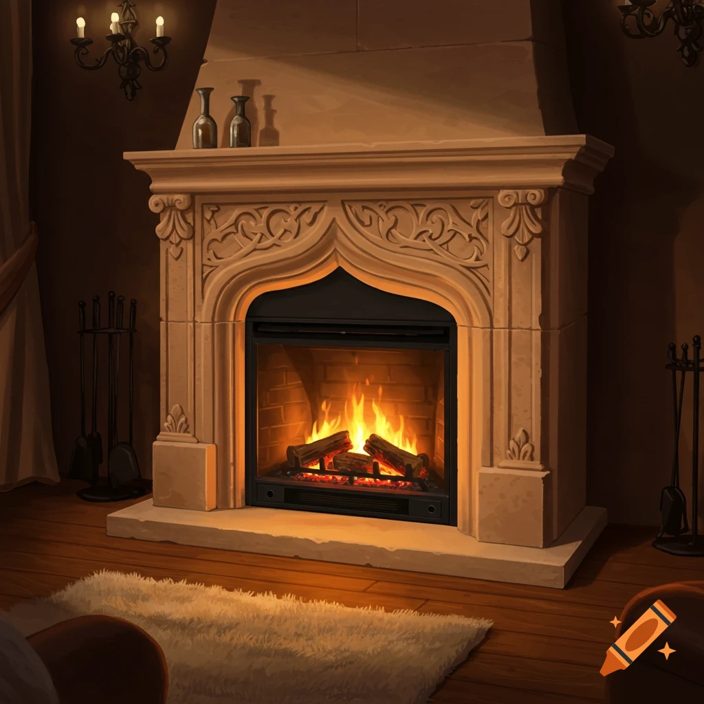 An elegant hand-carved architectural sandstone fireplace with an electric fire, in a cozy room with wooden floors and a rug.