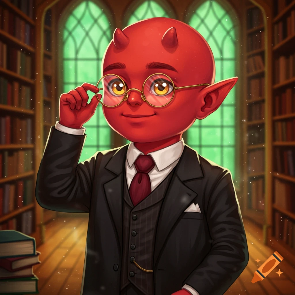 A charming cartoon of a red tiefling in a suit and round glasses, standing in a library.