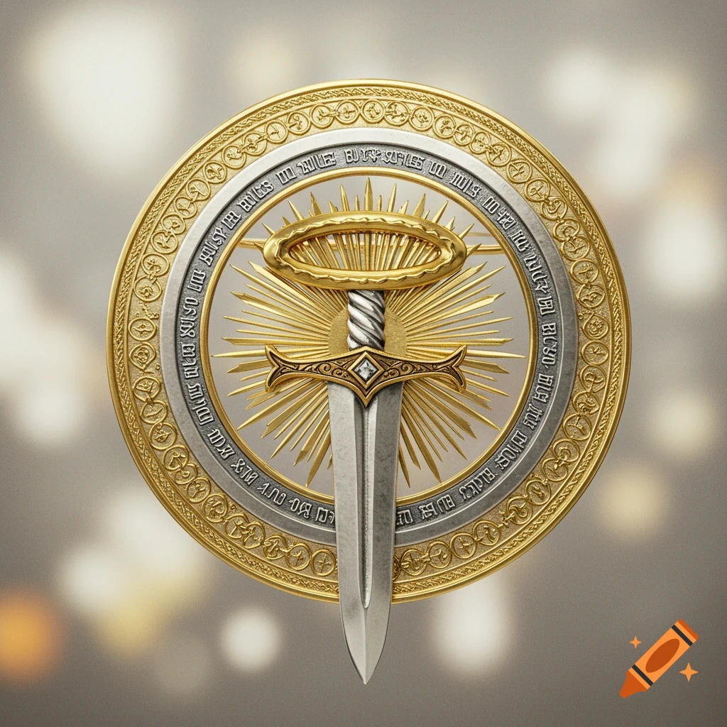 A detailed gold and silver medallion featuring a downward-pointing sword, a radiant halo, and decorative script on the outer ring.