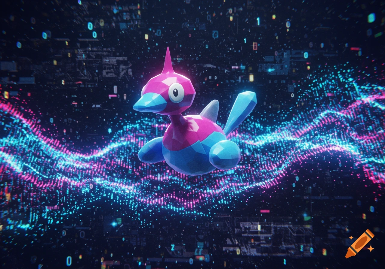 Porygon-Z floats in a vibrant digital landscape with glowing blue and pink data streams and floating numbers.