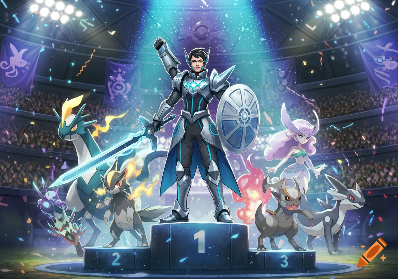 A champion in blue and silver armor stands on a podium with a sword and shield, surrounded by fantasy creatures in a stadium.