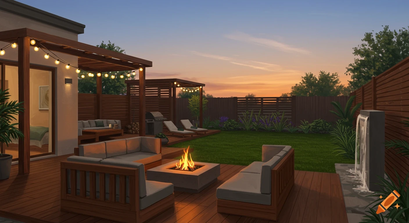 A modern backyard at sunset with a wooden deck, outdoor seating around a stone fire pit, string lights, and a water feature.