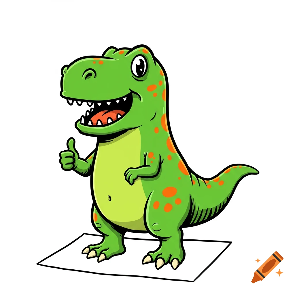 A cheerful green cartoon T-Rex dinosaur with orange spots gives a thumbs up while standing on a piece of white paper.