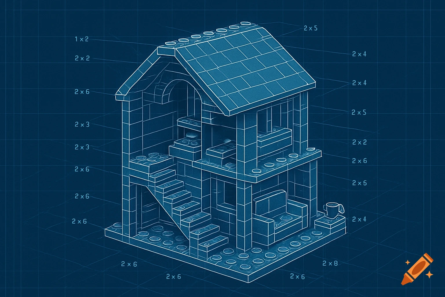 A blueprint illustration of a Lego house, showing its structure and parts with dimensions.