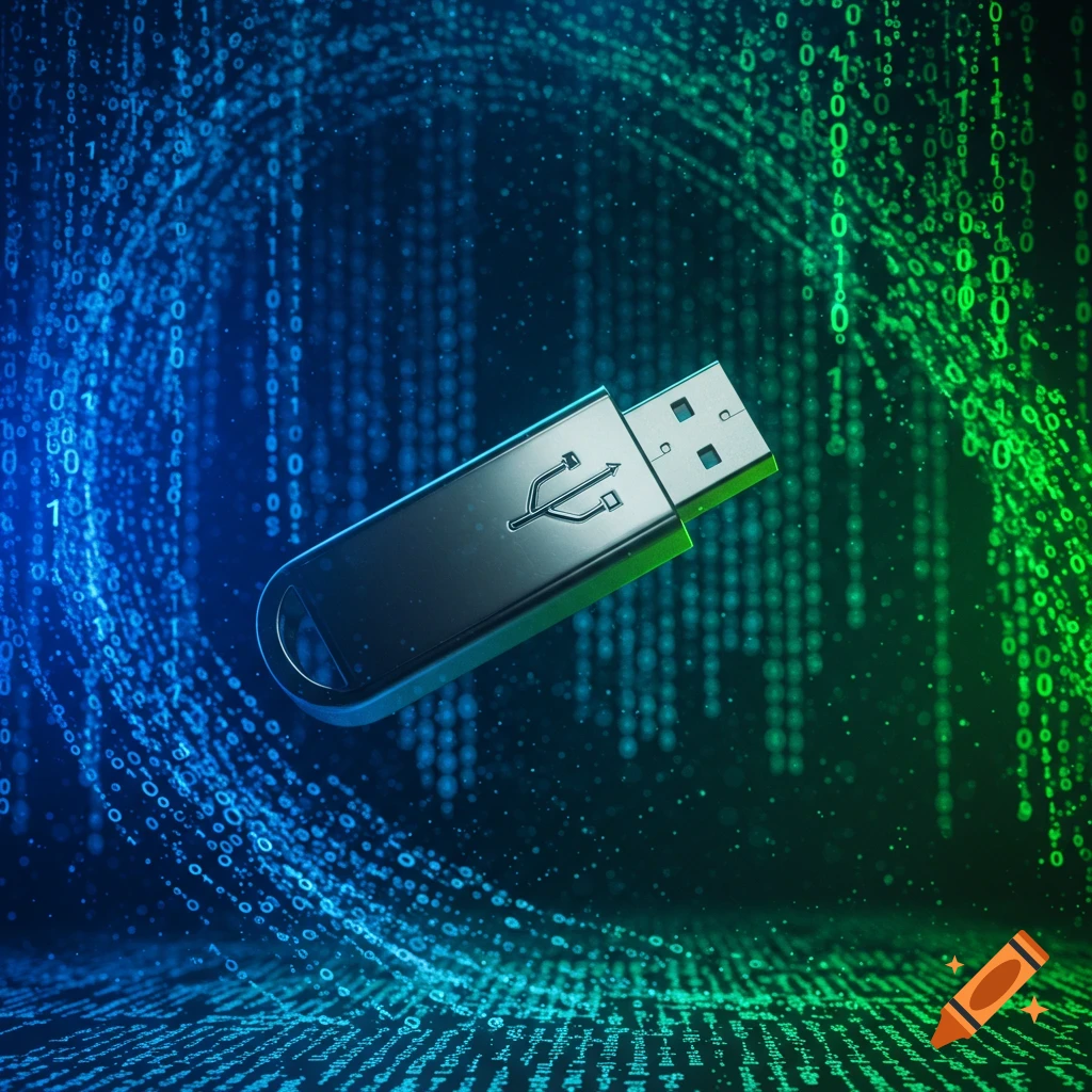 A metallic USB flash drive floats amidst swirling blue and green binary code and digital particles against a dark background.