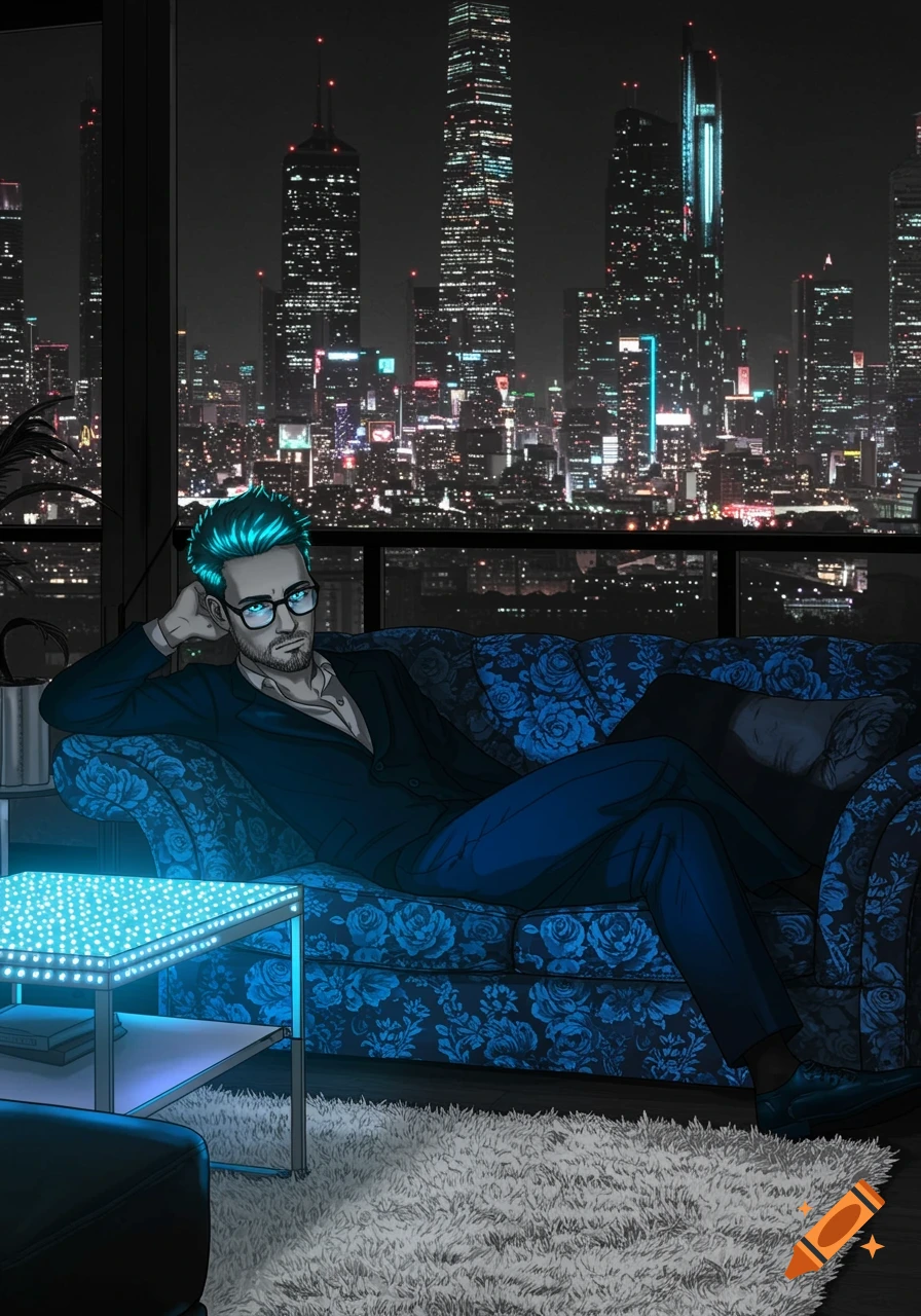 A manga-style man with blue hair and glasses sits on a blue patterned couch, looking at a futuristic city skyline at night.