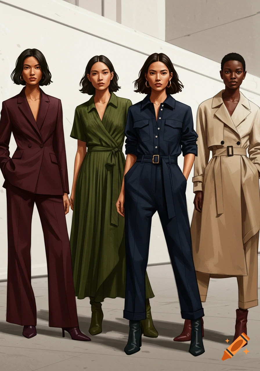 Four diverse women stand in tailored, comfortable, and confident outfits including a suit, a pleated dress, a jumpsuit, and a trench coat.