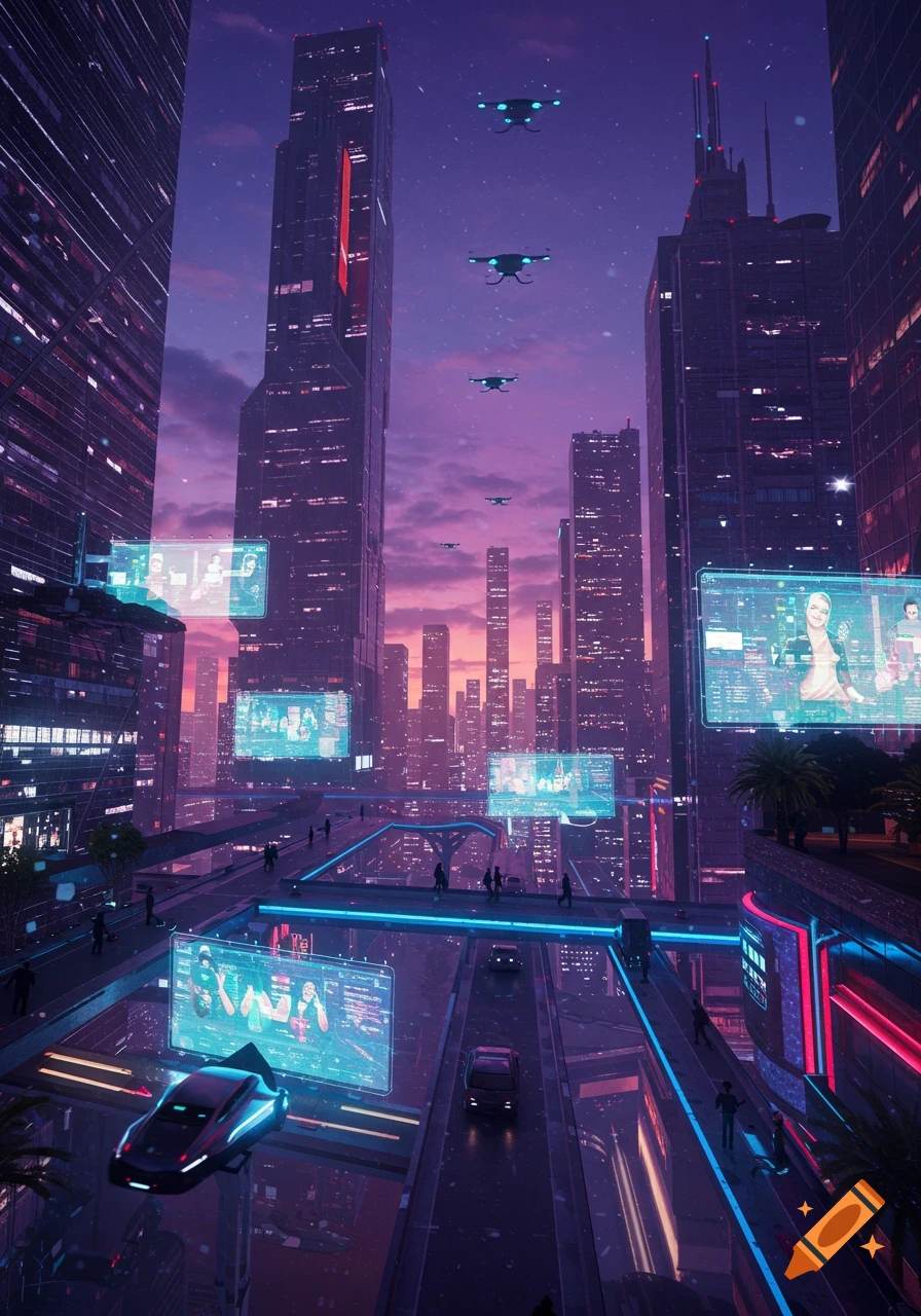 A vibrant, futuristic city at dusk with towering skyscrapers, glowing roads, flying cars and drones, and holographic billboards.