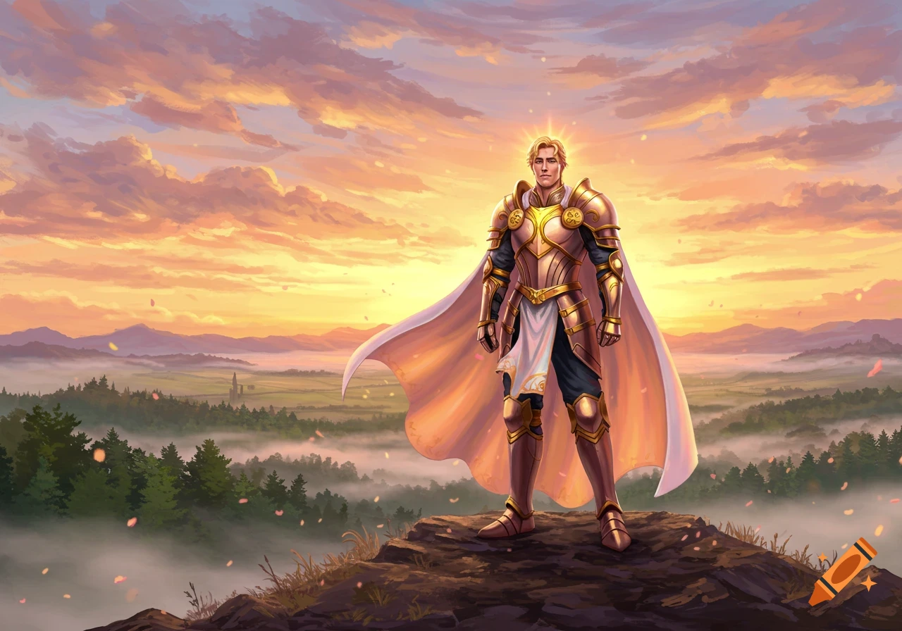 A male champion in golden armor and a white cape standing on a rocky peak overlooking a misty valley at sunrise.