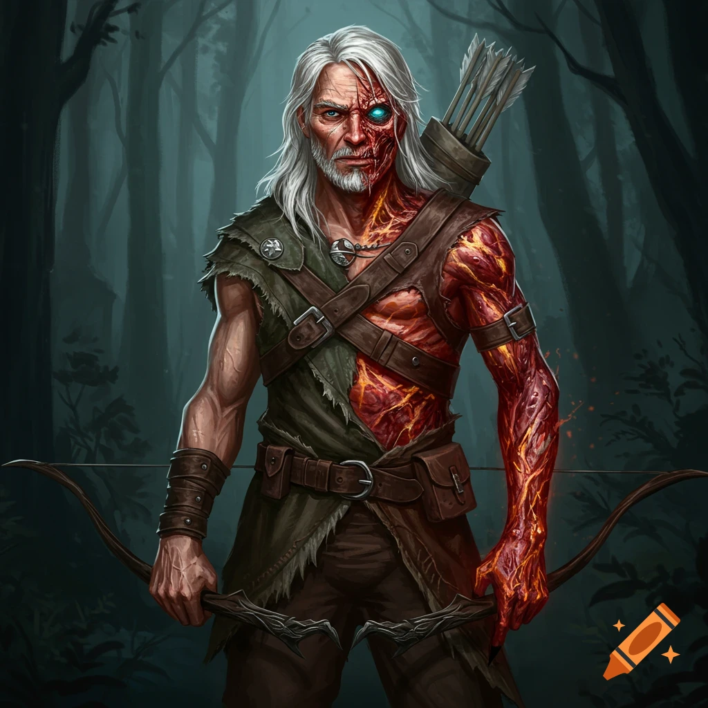 A fantasy ranger with white hair stands in a moody forest, half of his body covered in glowing, burned flesh, holding a bow.