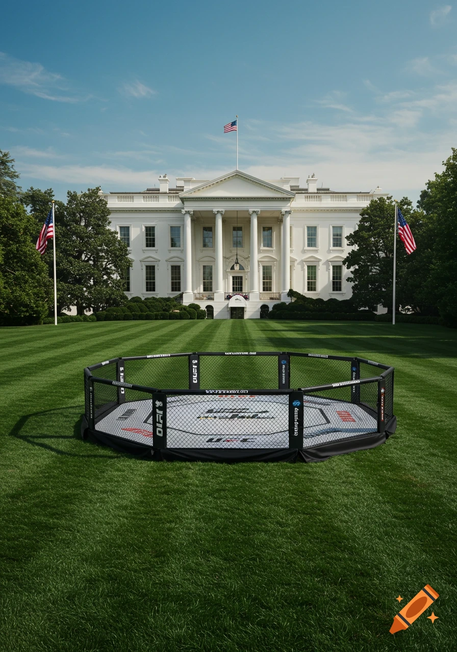 A UFC octagon sits on the lush green lawn in front of the White House under a clear blue sky.