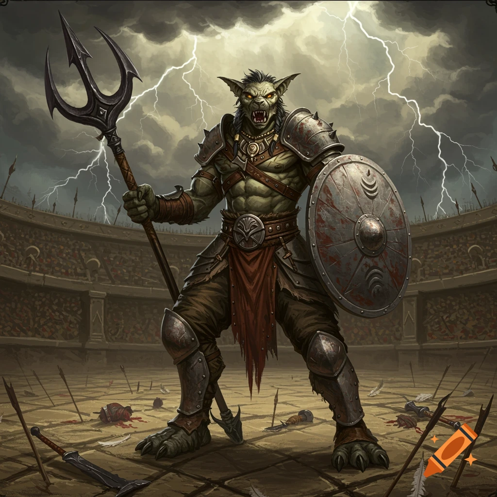 A formidable Gnoll fighter in armor stands in a gladiatorial arena, holding a trident and shield, with lightning in the stormy sky.