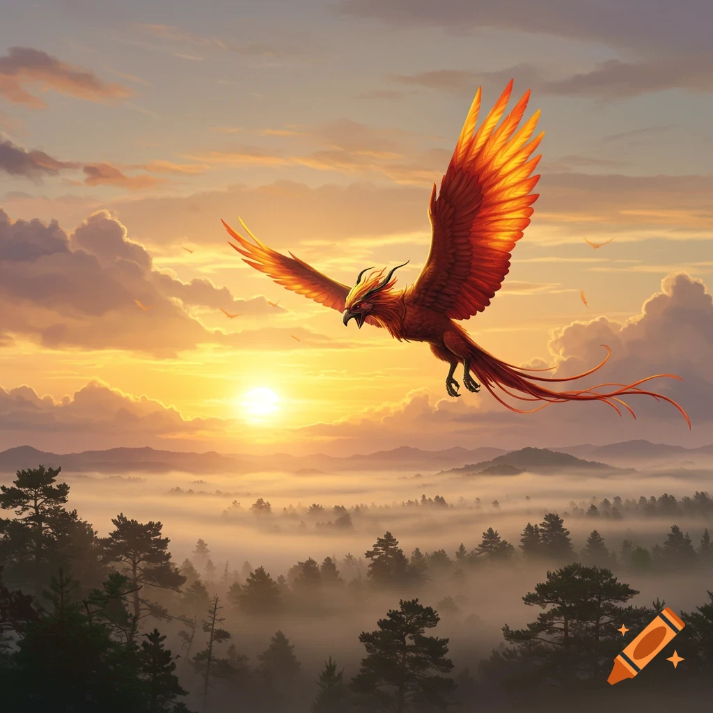A vibrant red and orange phoenix-like bird soars above a misty forest and mountains at sunset.