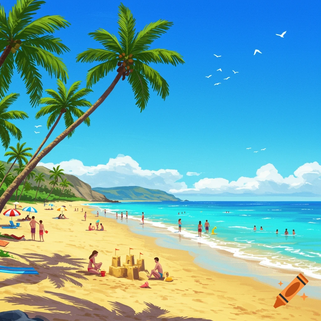 A vibrant illustration of a tropical beach with many people swimming, sunbathing, and building sandcastles under clear blue skies with palm trees.